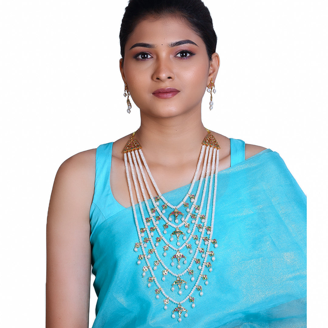 Exquisite Hyderabadi Panchlada Necklace Set with Semi-Precious Stones & Freshwater Pearls – A Five-Layered Masterpiece of Royal Elegance
