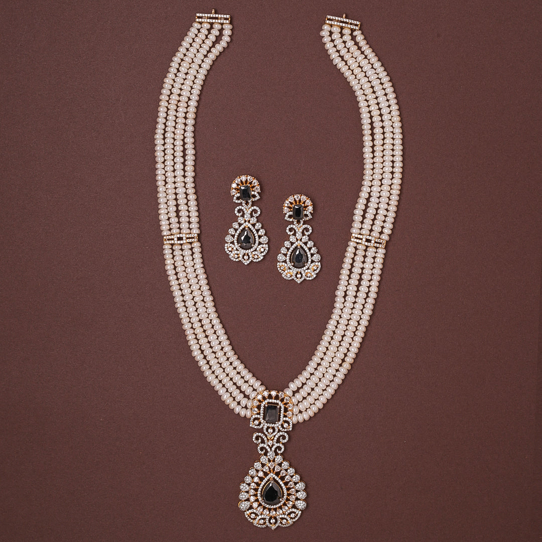 4-Layered White Freshwater Pearl Set with Blue Stone Studded Pendant