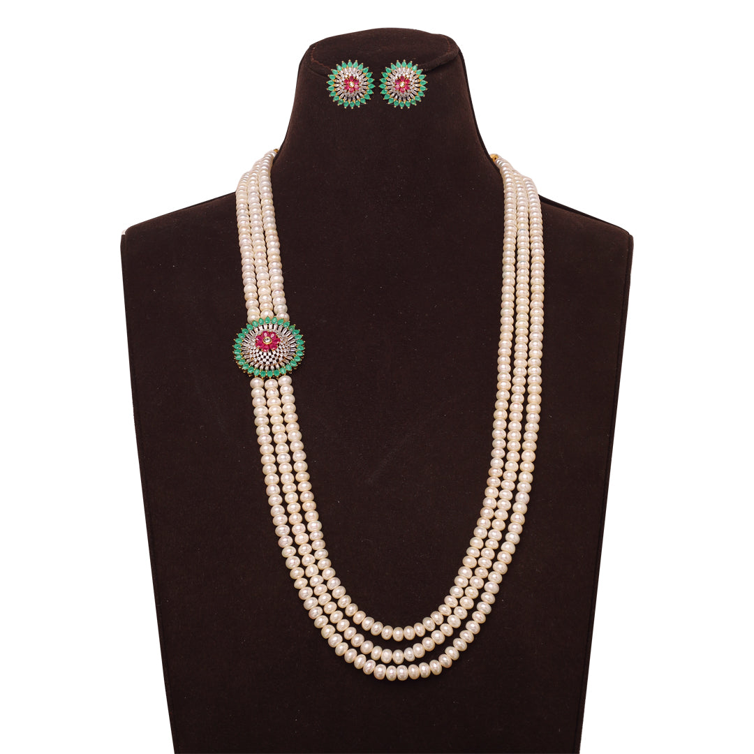 3-Layered Radiant Pearl & Semi-Precious Side Pendant Necklace Set