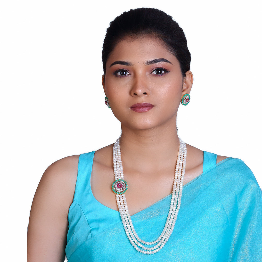 3-Layered Radiant Pearl & Semi-Precious Side Pendant Necklace Set