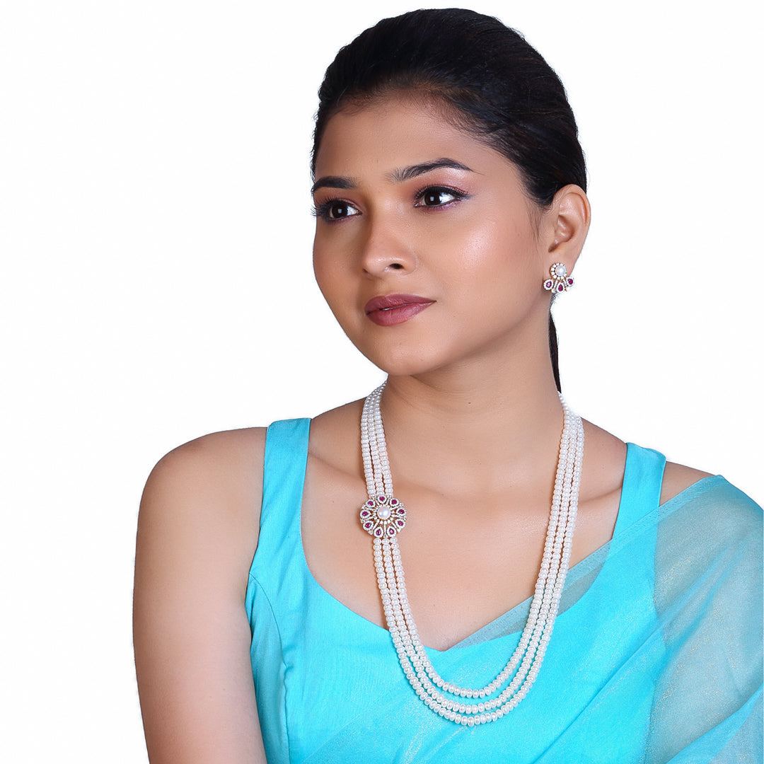 3-Layered Elegance Side Pendant with Freshwater Pearl and Stone Necklace Set
