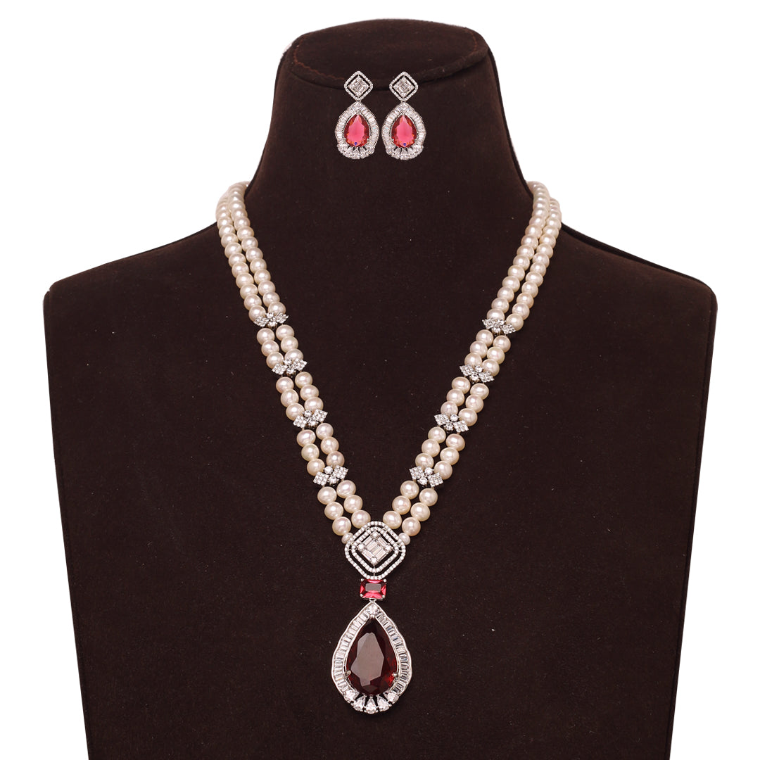 2-Layered White Freshwater Round Pearl Set with Stone Studded Pendant