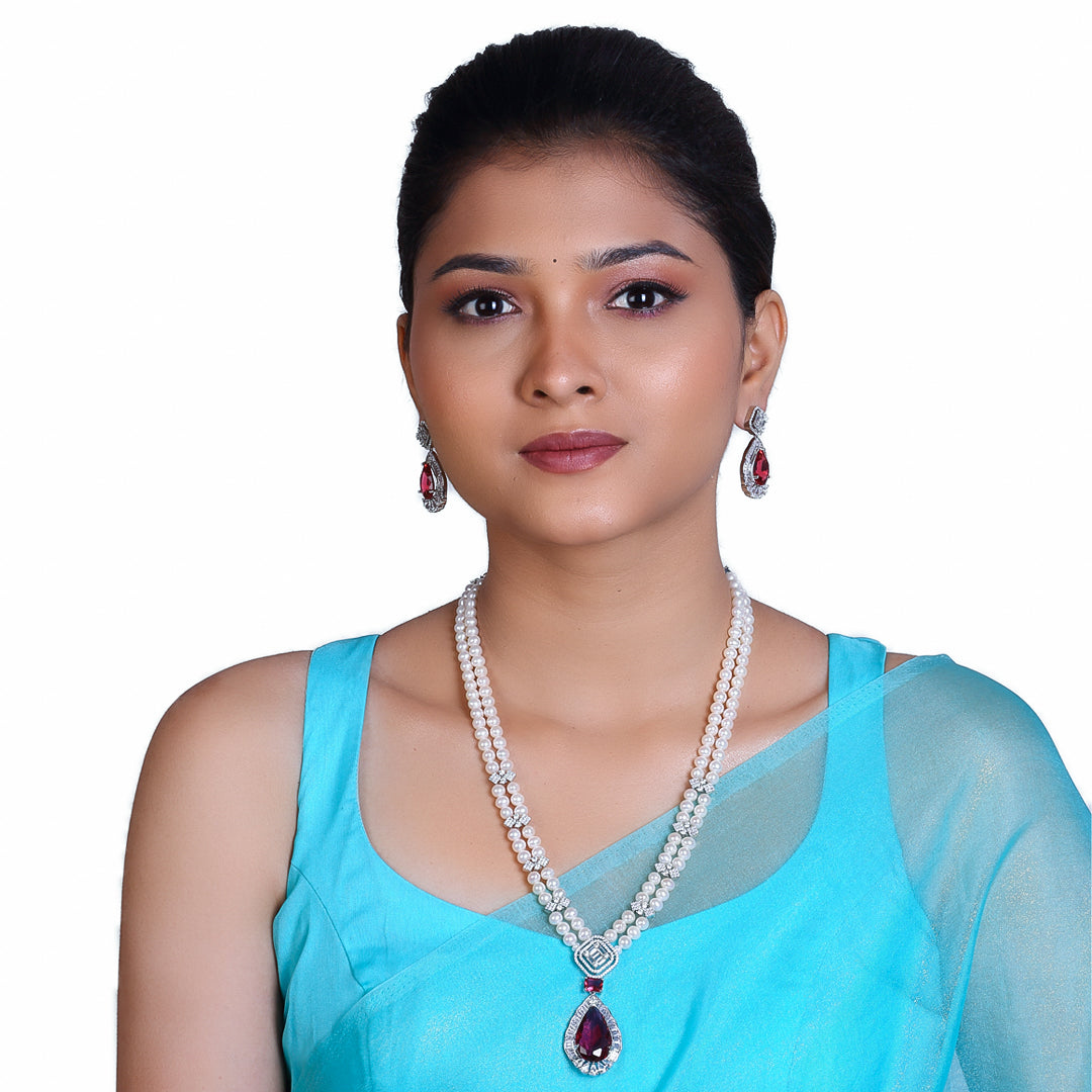 2-Layered White Freshwater Round Pearl Set with Stone Studded Pendant