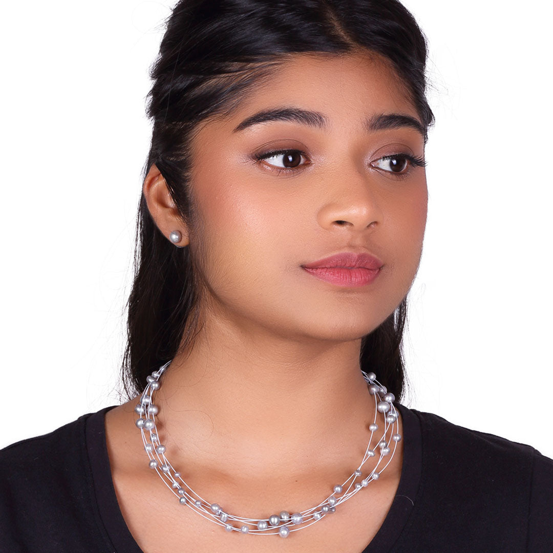 Stylish 5 Layer Grey Freshwater Wire Pearl Necklace Set
