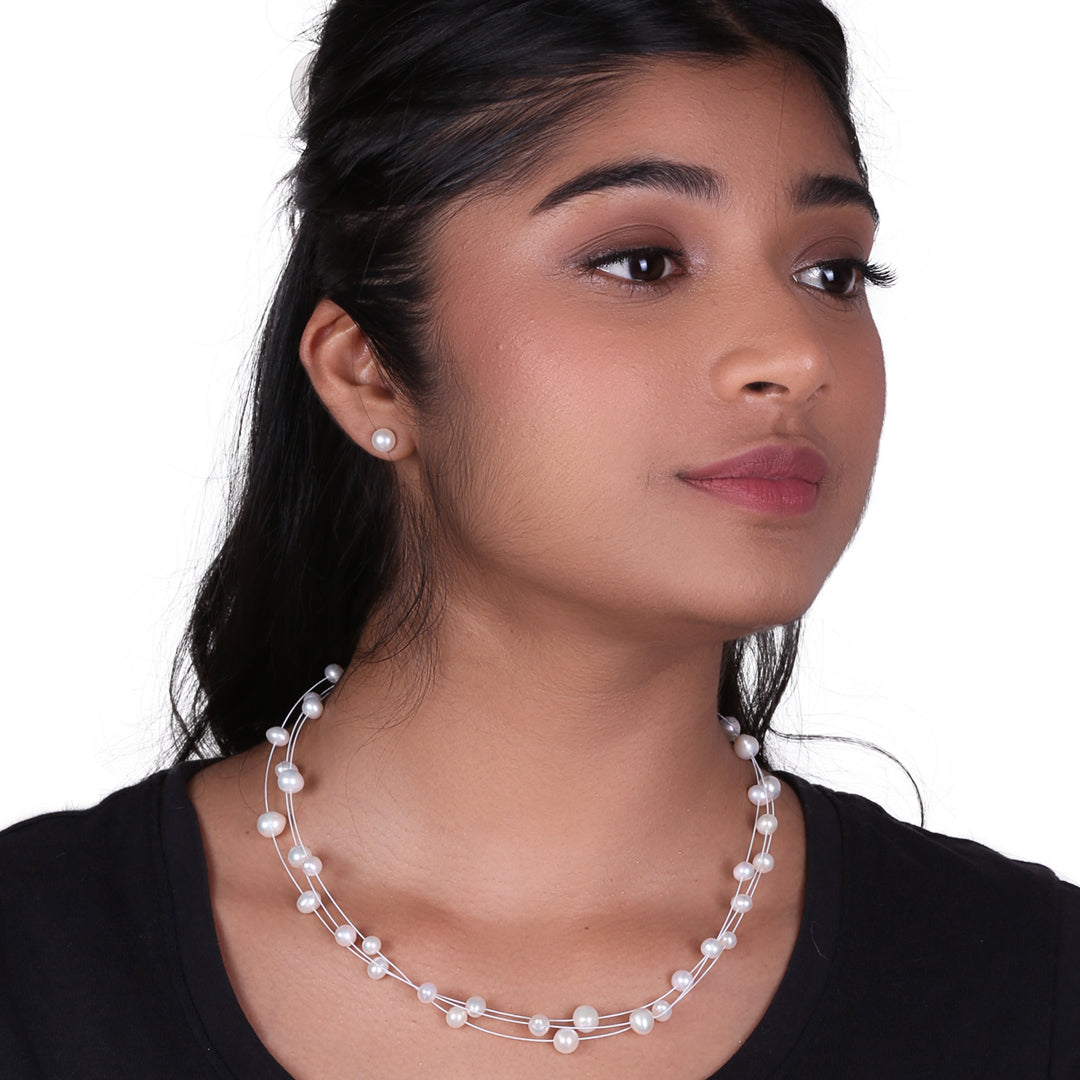 Stylish 3 Layer White Freshwater Wire Pearl Necklace Set