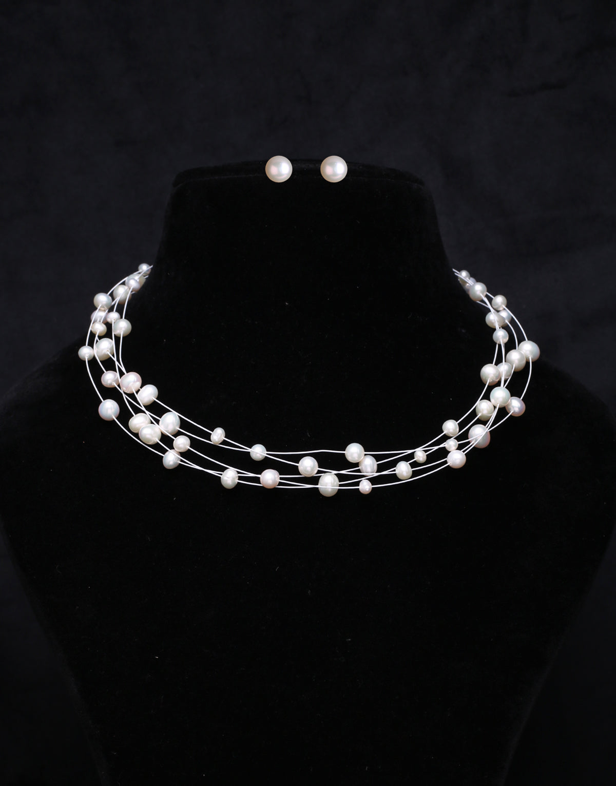 Stylish 5 Layer White Freshwater Wire Pearl Necklace Set