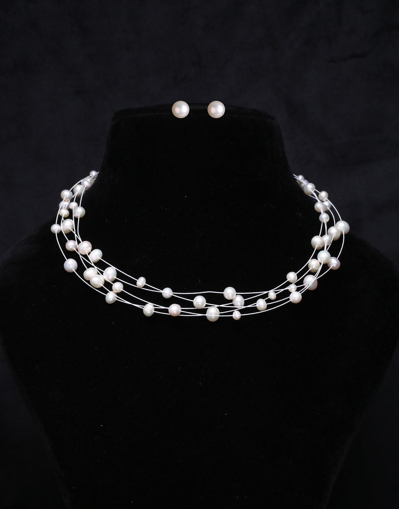 Stylish 5 Layer White Freshwater Wire Pearl Necklace Set