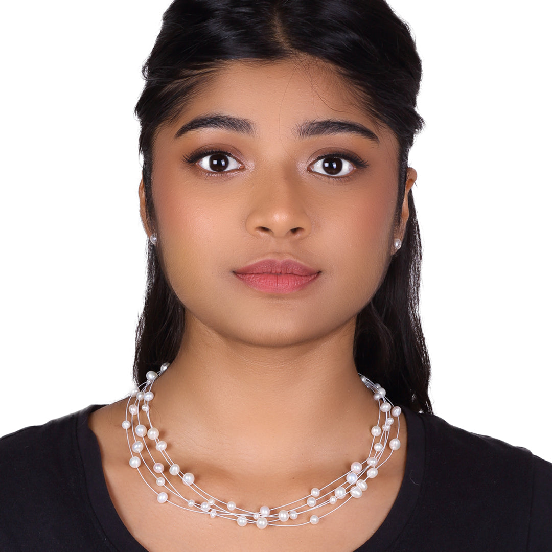 Stylish 5 Layer White Freshwater Wire Pearl Necklace Set