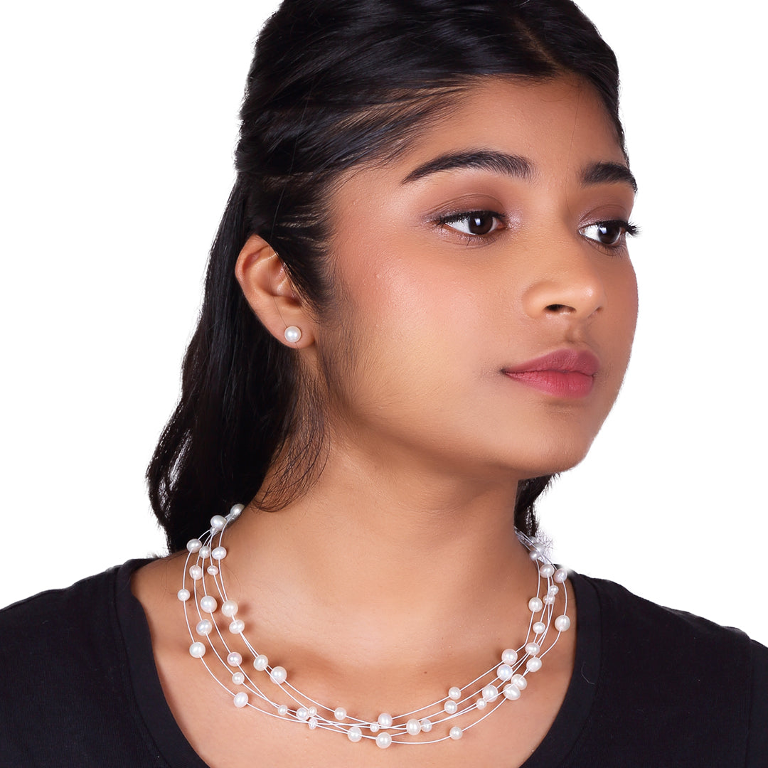 Stylish 5 Layer White Freshwater Wire Pearl Necklace Set