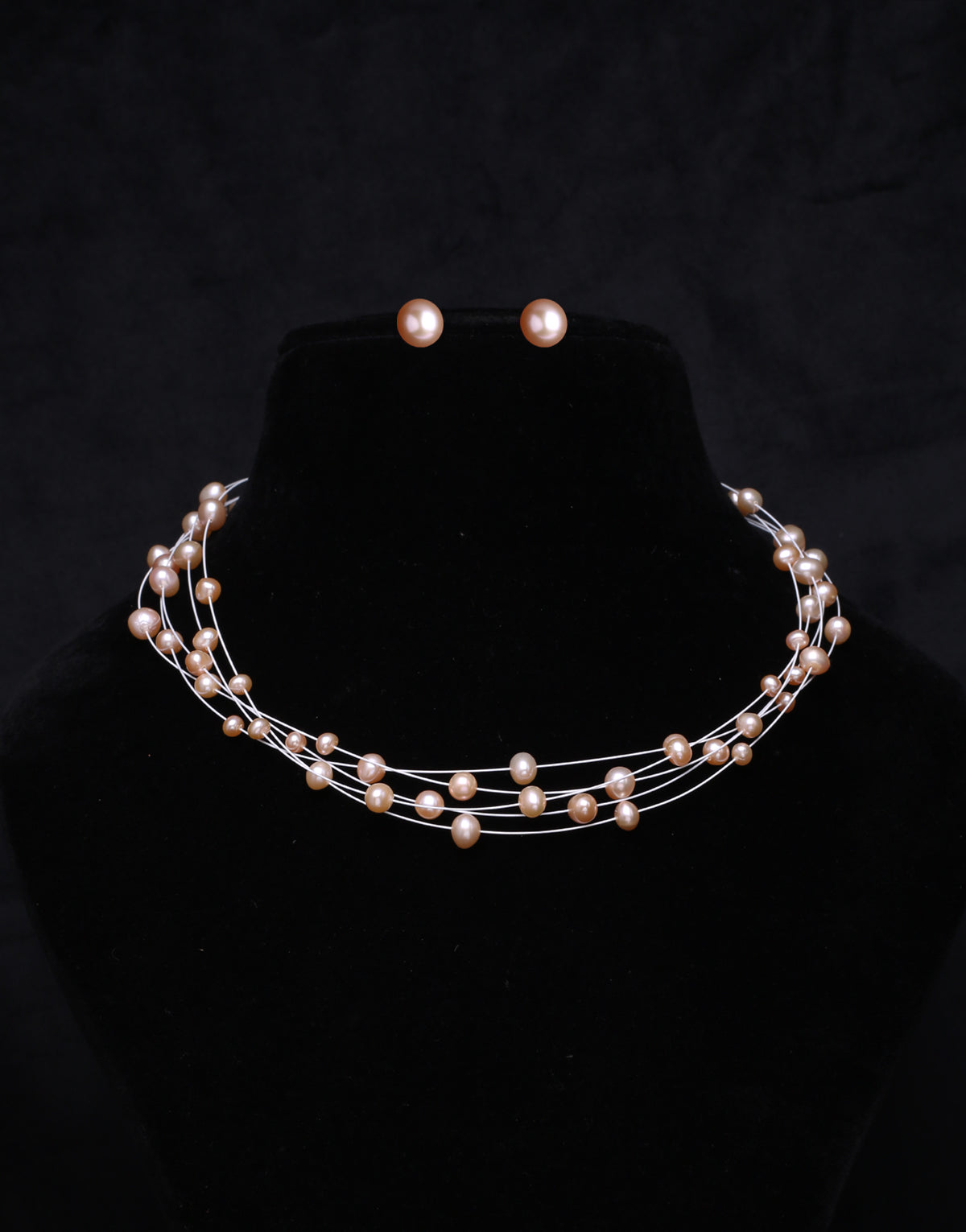 Stylish 5 Layer Pink Freshwater Wire Pearl Necklace Set