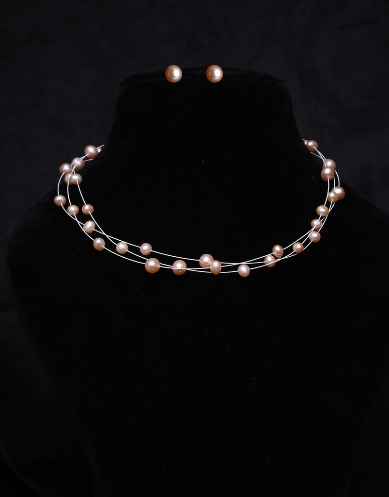 Stylish 3 Layer Pink Freshwater Wire Pearl Necklace Set