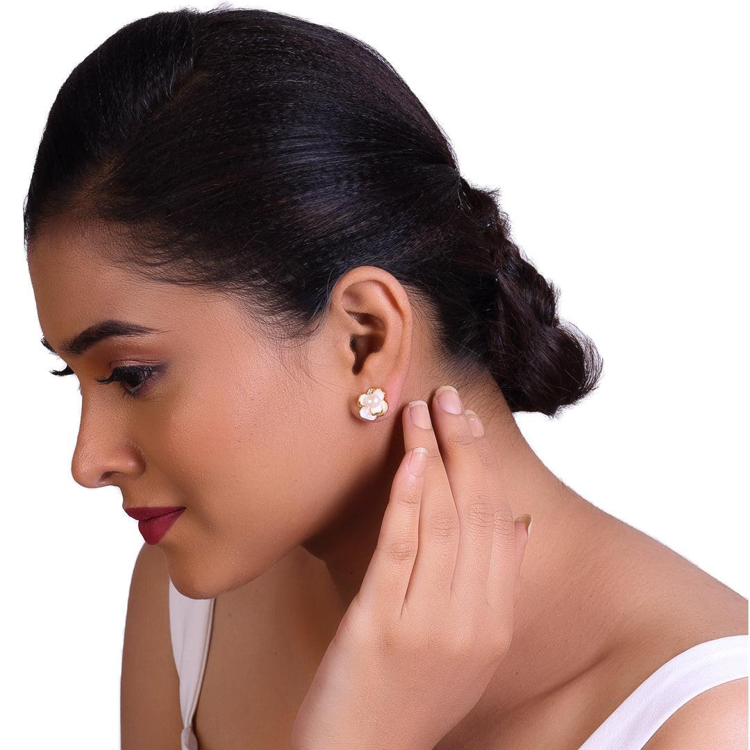 Pearled Lotus Studs Freshwater White Pearls