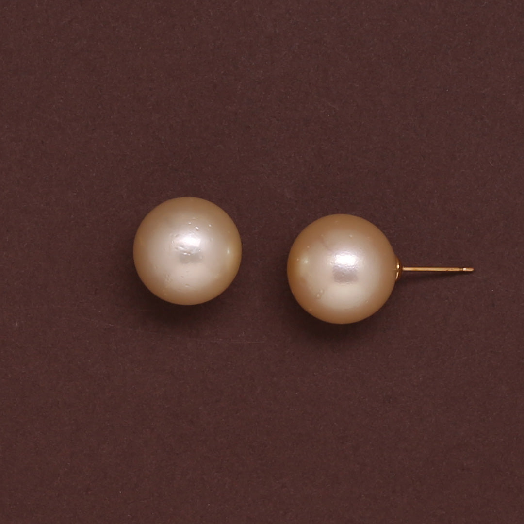 Natural-Color Golden South Sea Round Pearl Stud Earrings, 14.5-15.0mm