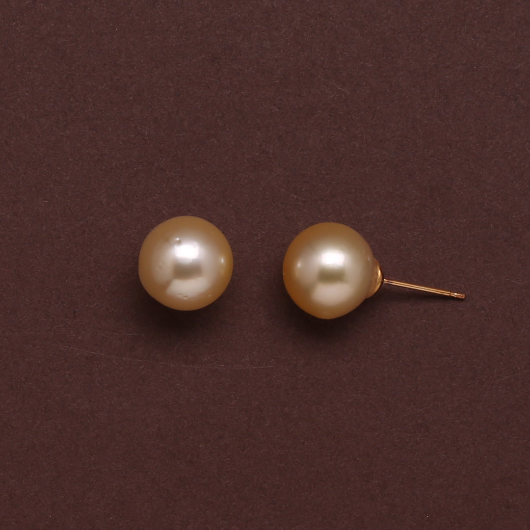 Natural-Color Golden South Sea Round Pearl Stud Earrings, 11.0-11.5mm