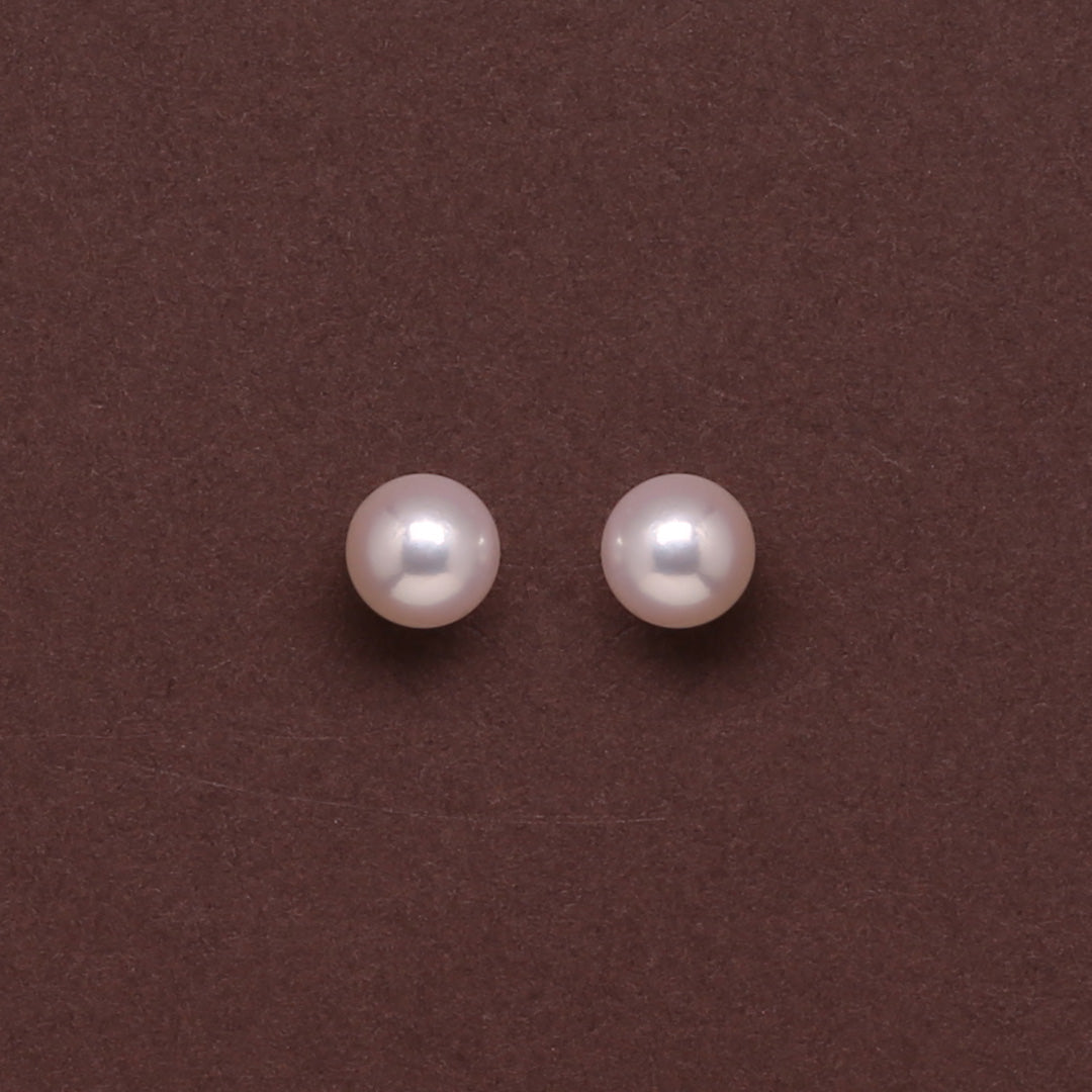 White Japanese Akoya Round Pearl Stud Earrings 7.0-8.0mm