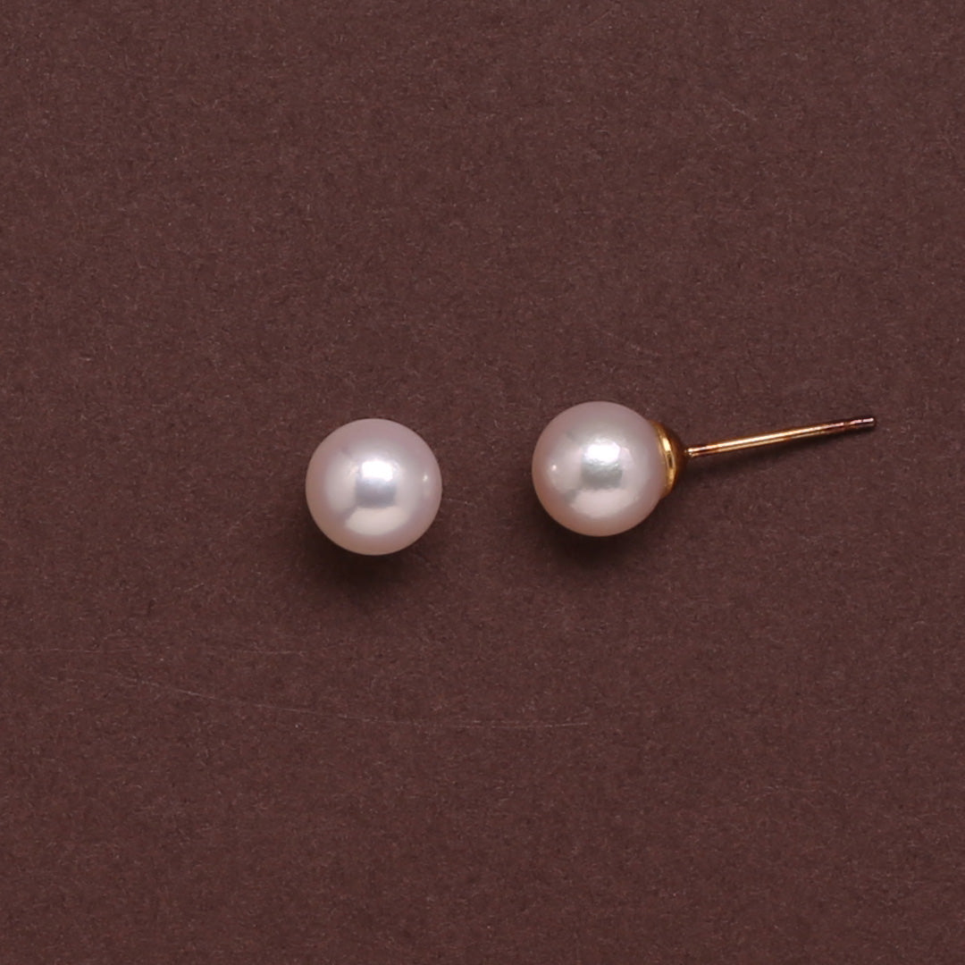 White Japanese Akoya Round Pearl Stud Earrings 7.0-8.0mm
