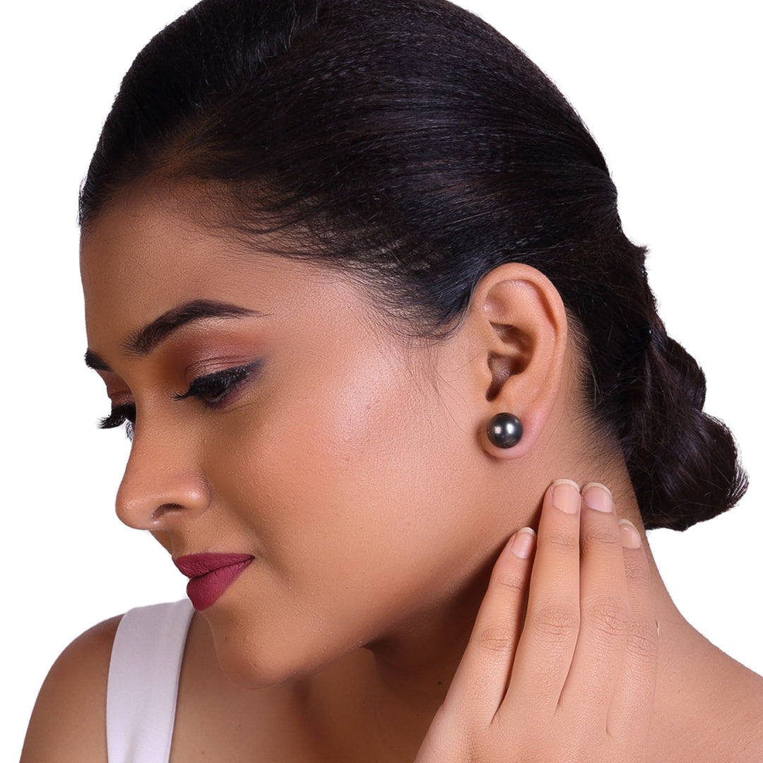 Natural-Color Black Tahitian Pearl Stud Earrings, 12.0-13.0mm