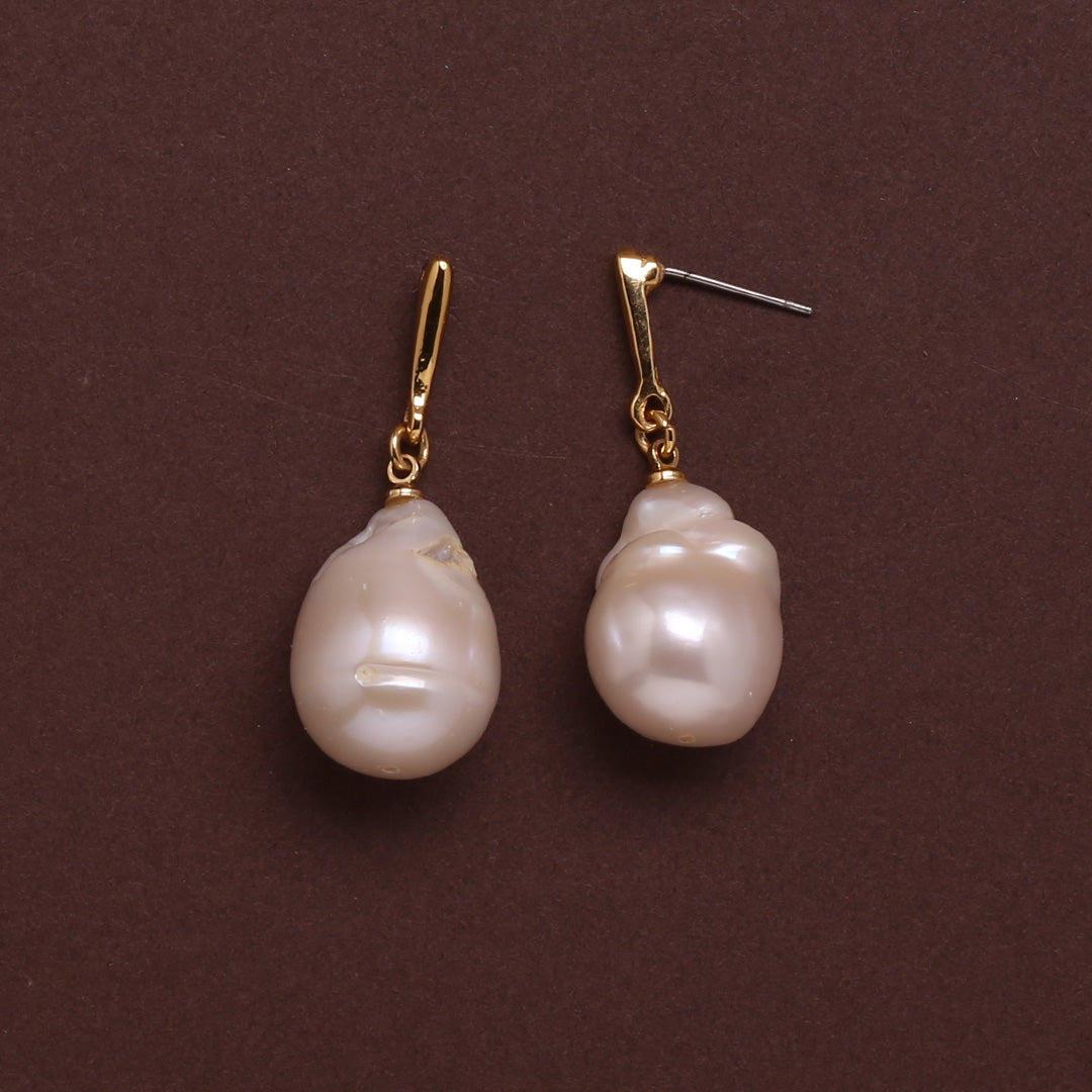 White Freshwater Baroque Pearl Classic Dangle Earrings 14.0-15.0mm