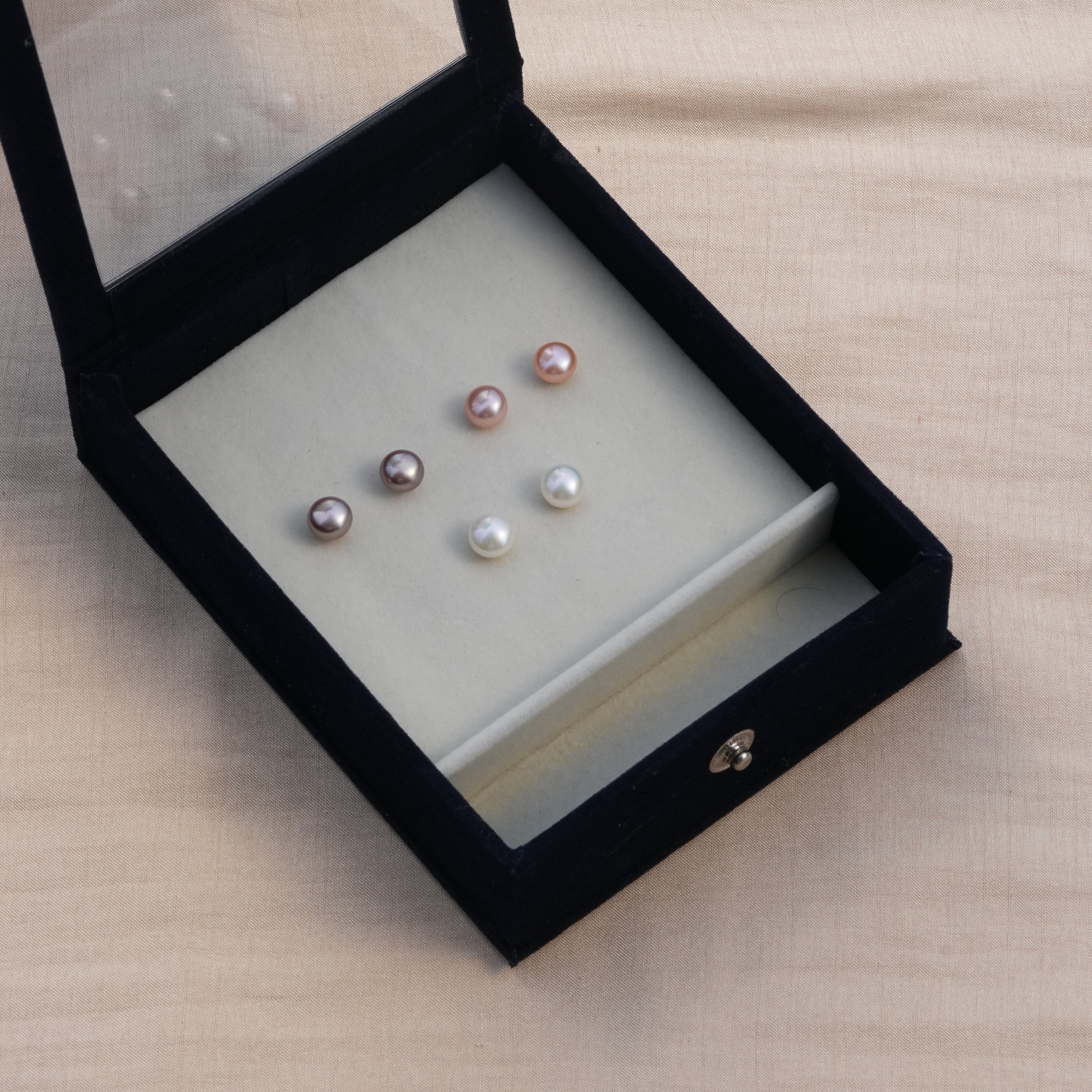 3 Pairs in Natural White, Pink & Lavender Freshwater Pearl Stud Earrings Box
