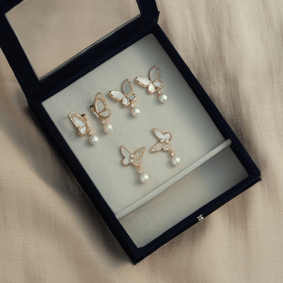 Pearl Butterfly & Bow Drop Earrings Set
