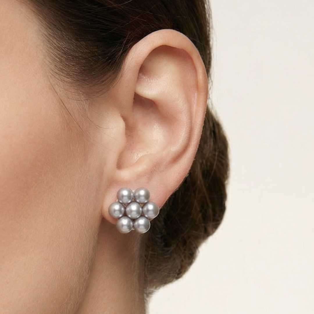 Freshwater Grey Colour Flower Pearl Stud Earring