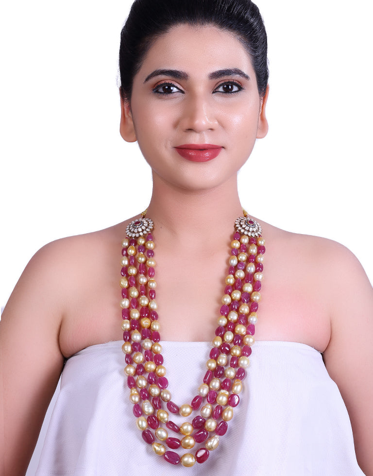 Natural-Color Golden South Sea Pearl With Real Ruby Necklace Silver Clasp