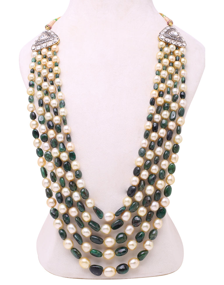 Natural-Color Golden South Sea Pearl With Real Emerald Necklace Silver Clasp