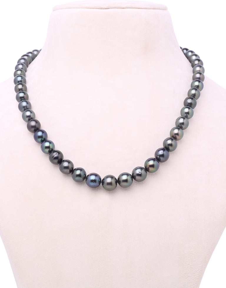 Round Natural-Color Black Tahitian Saltwater Pearl Necklace, 8.0-10.9mm – AA+ Quality