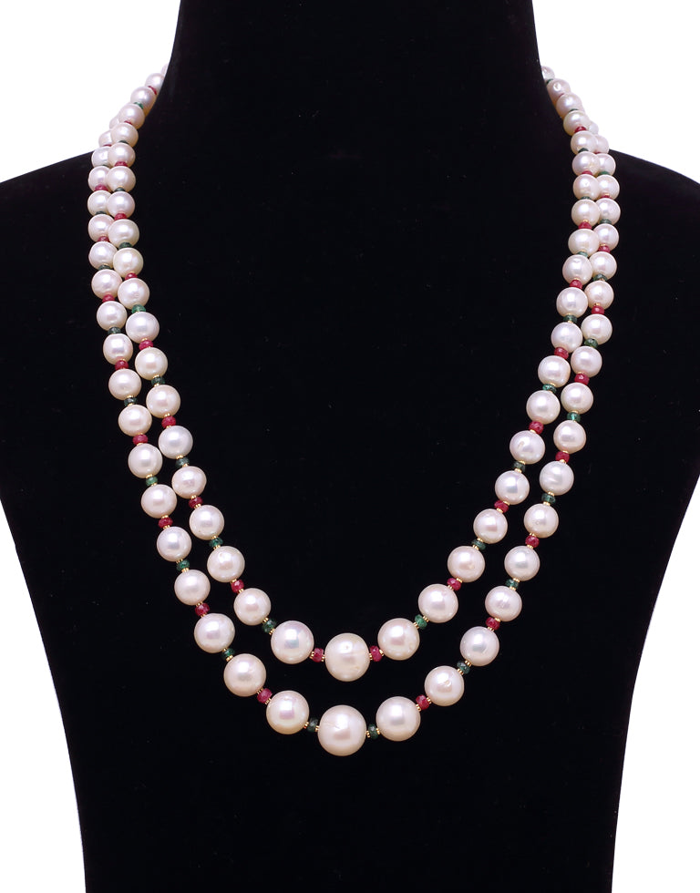 Charming White Freshwater Pearl With Real Emerald Ruby & Gold Cutrings