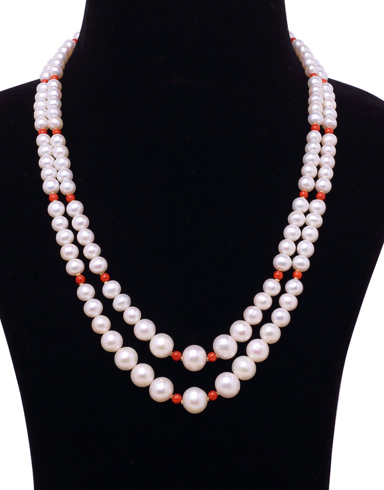 White Freshwater Pearl With Real Coral & Gold Cutrings