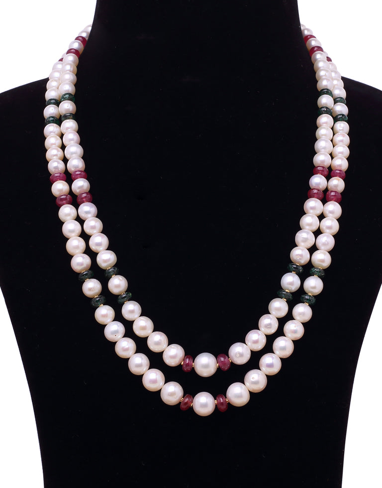Valuable White Freshwater Pearl With Real Emerald Ruby & Gold Cutrings