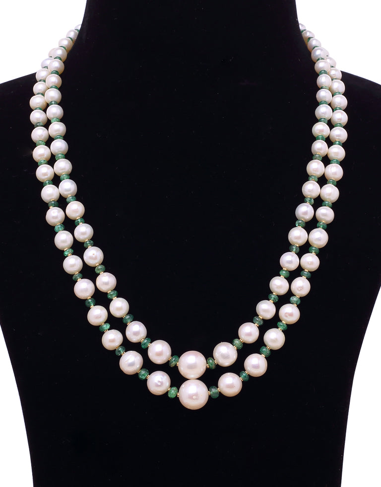 Paragoan White Freshwater Pearl With Real Emerald & Gold Cutrings