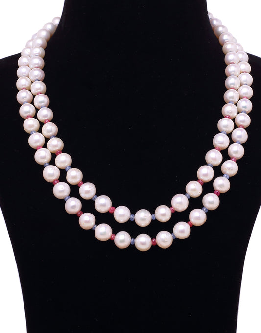 Perfect Round White Freshwater Pearl Ruby & Blue Sapphire Necklace