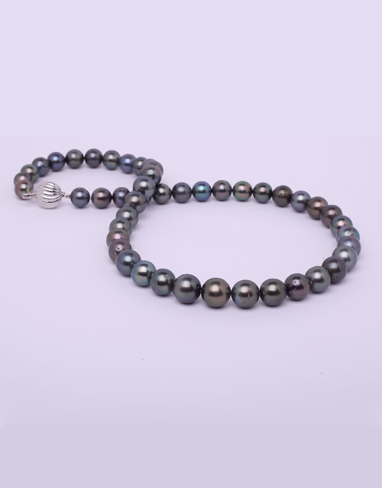Round Natural-Color Black Tahitian Saltwater Pearl Necklace, 8.0-10.9mm – AA+ Quality