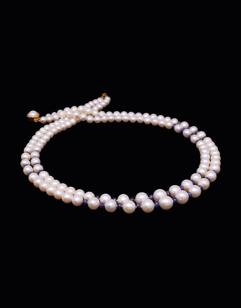 Chic White Freshwater Pearl With Real Blue Sapphire Gold Cutrings