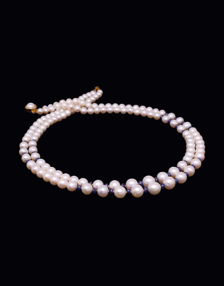 Chic White Freshwater Pearl With Real Blue Sapphire & Gold Cutrings