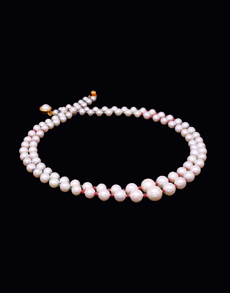 Opaline White Freshwater Pearl With Real Ruby Emerald Blue Sapphire & Gold Cutrings