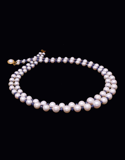 Gleaming White Freshwater Pearl With Real Blue Sapphire & Gold Cutrings