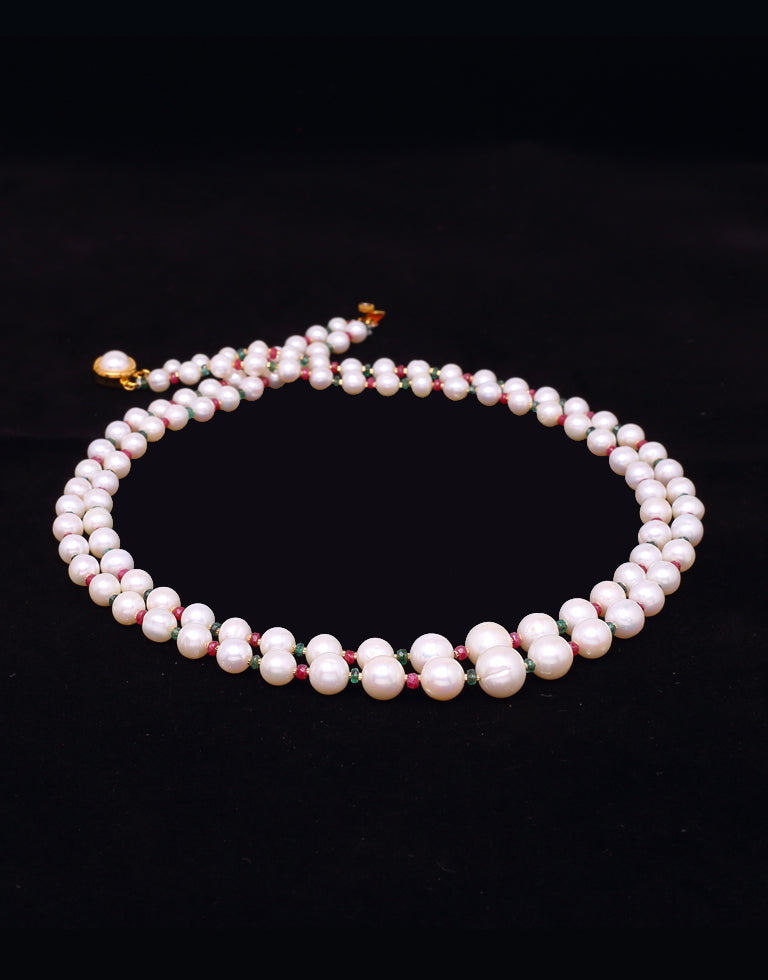 Charming White Freshwater Pearl With Real Emerald Ruby & Gold Cutrings