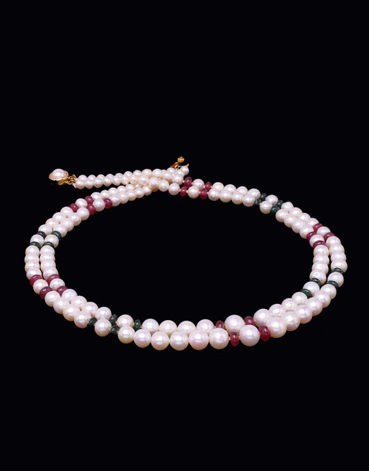 Valuable White Freshwater Pearl With Real Emerald Ruby & Gold Cutrings