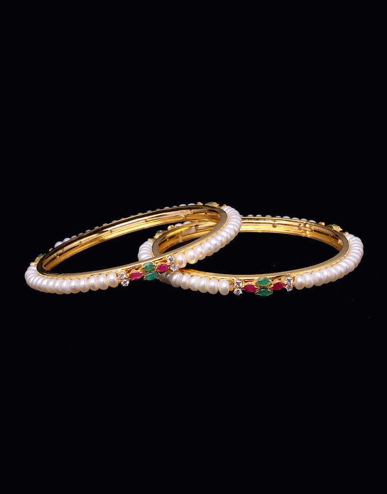 Single Line White Pearl Bangles Embellished With Classic Semi-Precious Stones