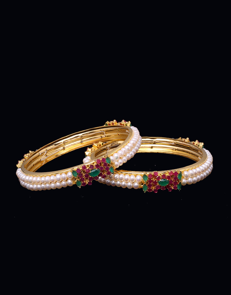 White Pearls Two-Line Bangles Encrusted With Semi Precious Stones