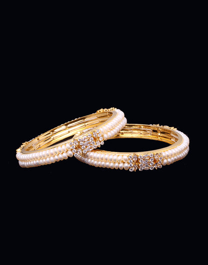 Delicately Designed Freshwater Pearl Bangles Studded With Cubic Zircon Stones