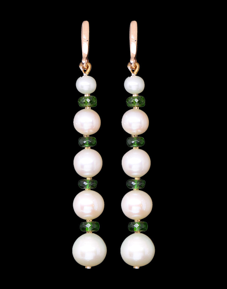 Freshwater Pearl With Gold Cutring Real Emerald Earrings