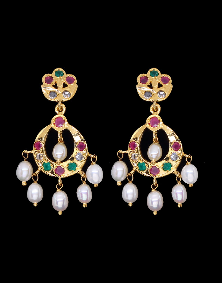 Traditional Chand Bali With Multi-Color Semi Precious Stone & Pearl Drop