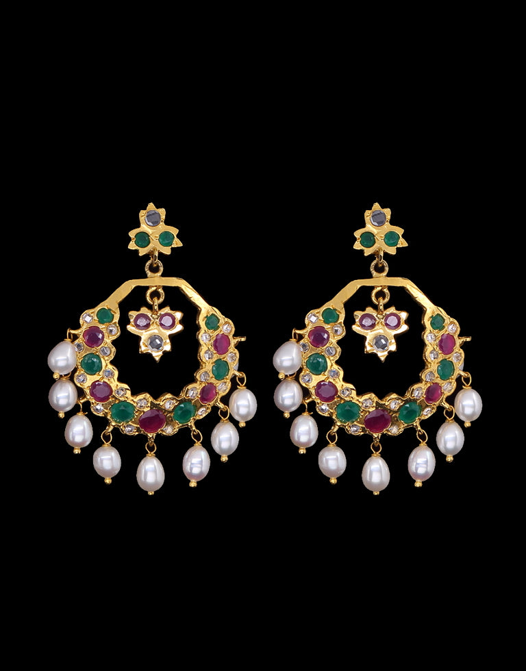 Traditional Chand Bali With Multi-Color Semi Precious Stone & Peral Drop