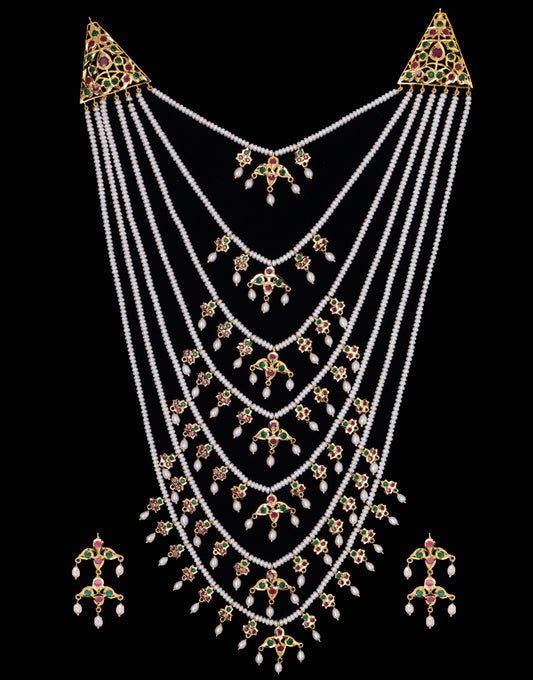 Hyderabadi Traditional Satlada Semi Precious Stone With Freshwater Pearl Necklace Set