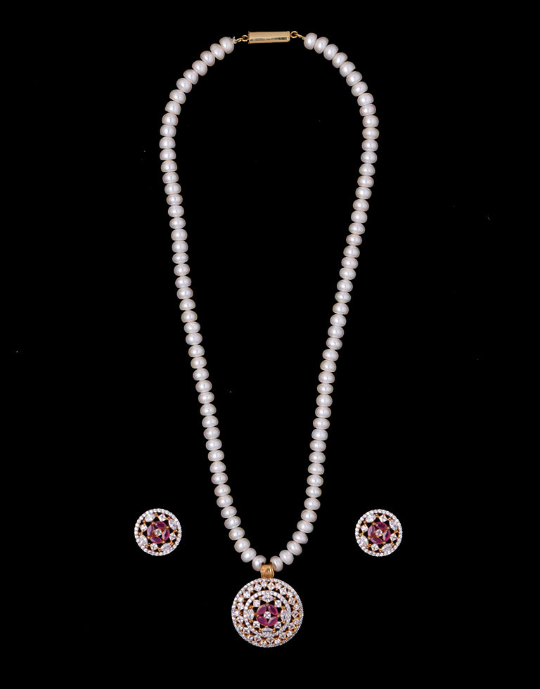 White Cultured Pearl Set with Red Studded Stone Pendant