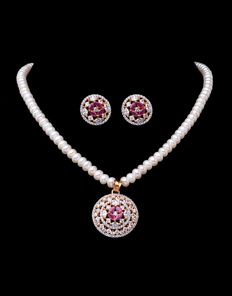 White Cultured Pearl Set with Red Studded Stone Pendant