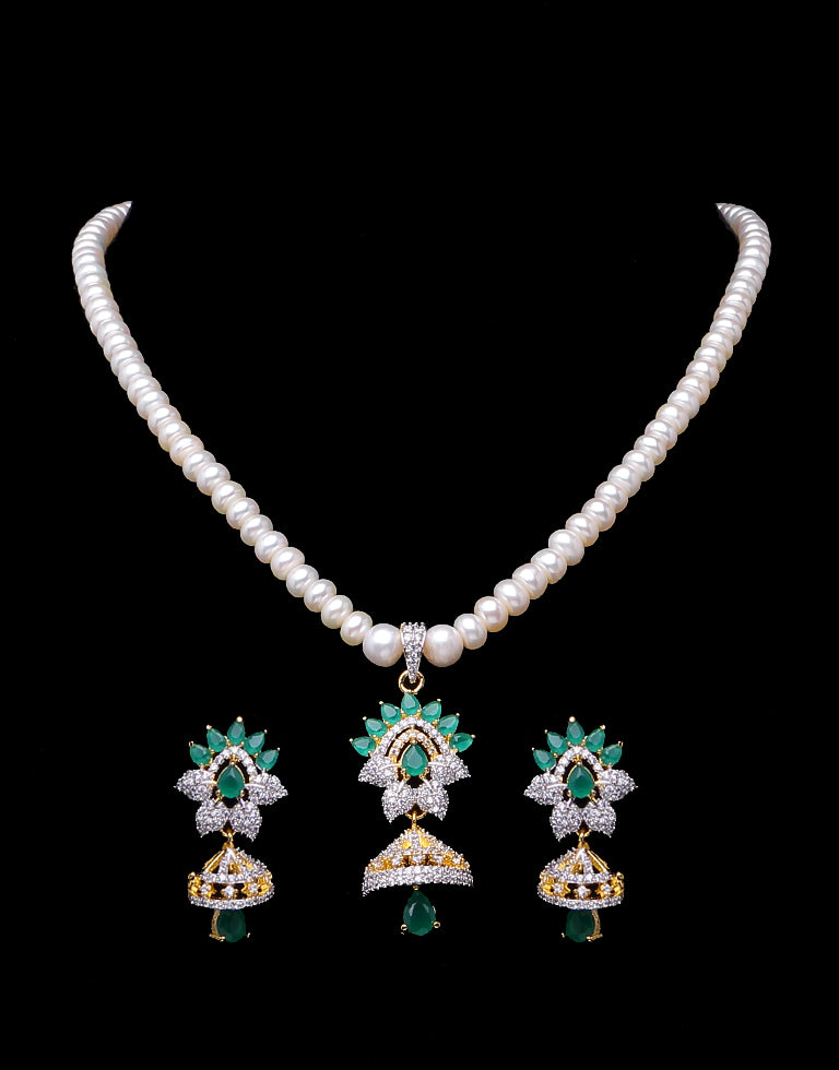 White Pearl Set with Green 'Chattri' Pendant